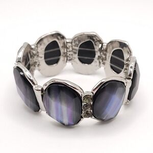 Silver Stretch Bracelet Blue Purple Rhinestone Acrylic 7in